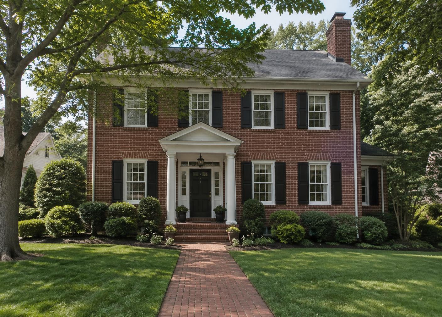 Illustrative image of a two-story red brick colonial home with black shutters and a columned front entry