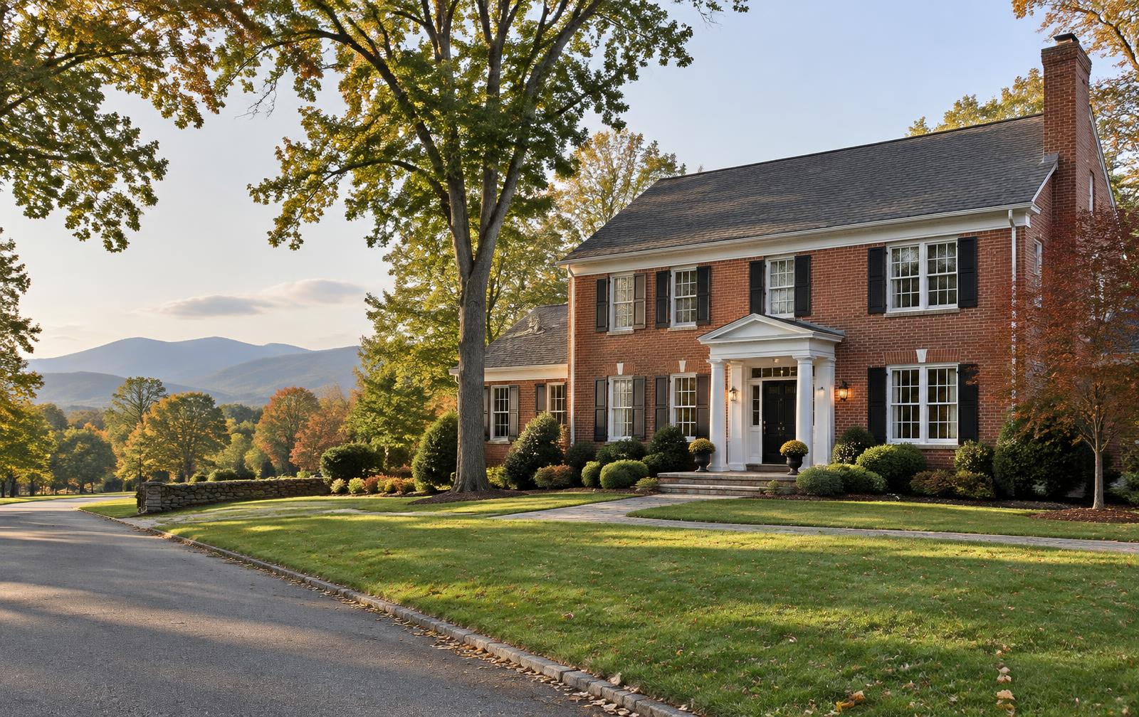 Red brick Colonial home with black shutters on a tree-lined Virginia street near the Blue Ridge foothills