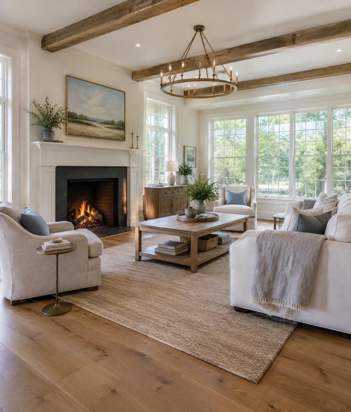 Bright Virginia living room with fireplace staged for sale